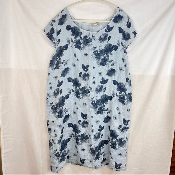 Lungo L'Arno Linen Dress w/ Ribbed Knit Side Panels XL Lagenlook Boho Coastal - Picture 2 of 12